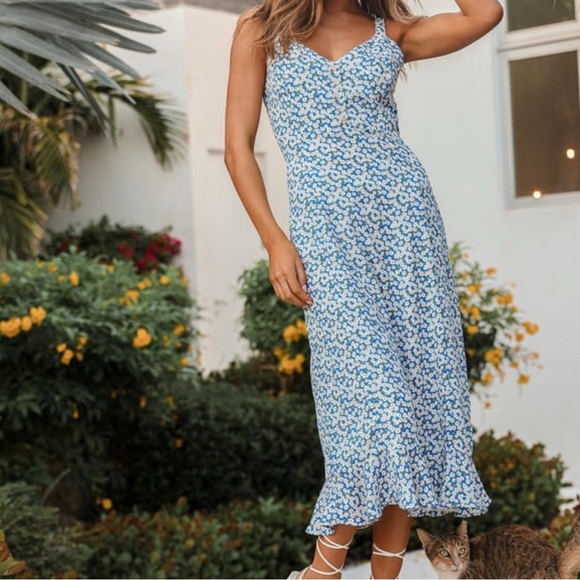 Lulu's Blue and White Floral Midi Dress - Picture 2 of 15